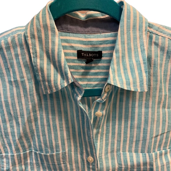 Talbots 100% Linen striped button down Roll tab sleeves shirt - Picture 3 of 8